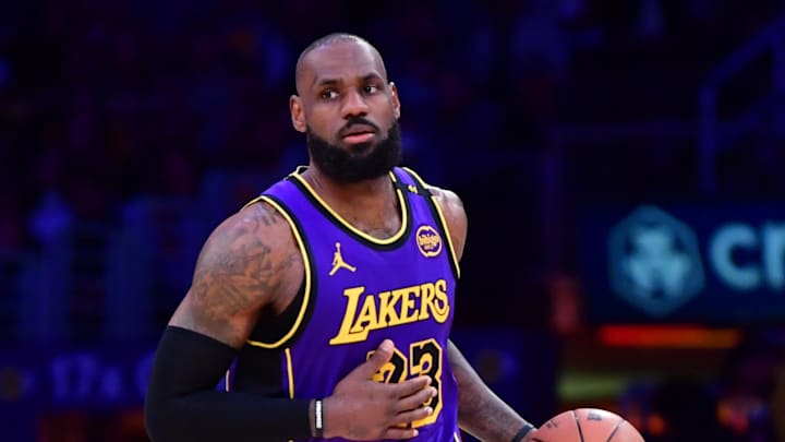 Feb 25, 2025; Los Angeles, California, USA; Los Angeles Lakers forward LeBron James (23) dribbles the ball against the Dallas Mavericks during the second half at Crypto.com Arena. Mandatory Credit: Gary A. Vasquez-Imagn Images Feb 25, 2025; Los Angeles, California, USA; Los Angeles Lakers forward LeBron James (23) dribbles the ball against the Dallas Mavericks during the second half at Crypto.com Arena. Mandatory Credit: Gary A. Vasquez-Imagn Images