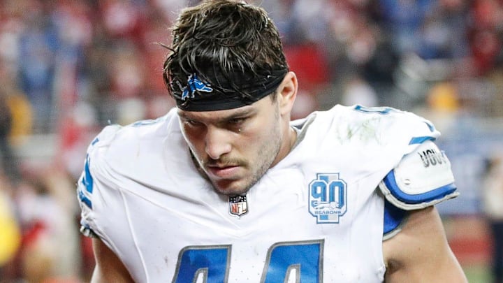 Lions linebacker Malcolm Rodriguez walks off the field after the 34-31 loss to the 49ers in the NFC championship game in Santa Clara, California, on Sunday, Jan. 28, 2024.