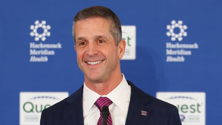 Jan 20, 2026; East Rutherford, NJ, USA; New York Giants head coach John Harbaugh speaks at the press conference