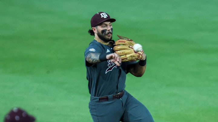 Texas A&M infielder Chris Hacopian (8) fields against Florida during an NCAA baseball game at Condron Family Ballpark at Alfred A. McKethan Field in Gainesville, FL on Friday, April 24, 2026.