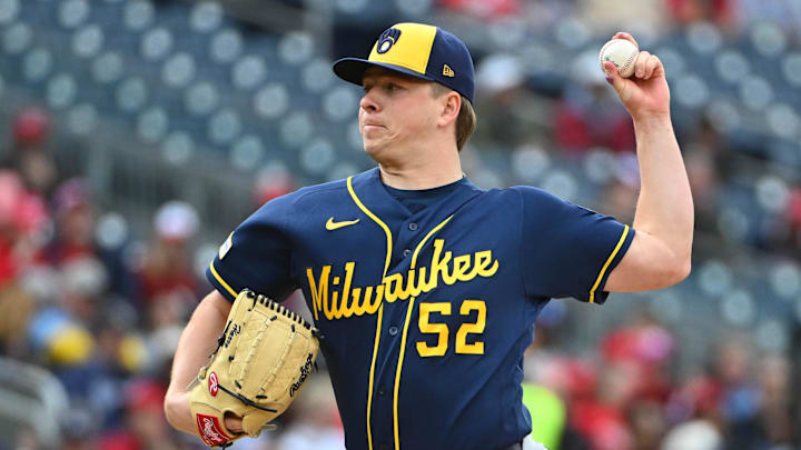 May 2, 2026; Washington, District of Columbia, USA; Milwaukee Brewers pitcher Kyle Harrison (52) throw to the Washington Nationals during the first inning at Nationals Park. Mandatory Credit: Brad Mills-Imagn Images