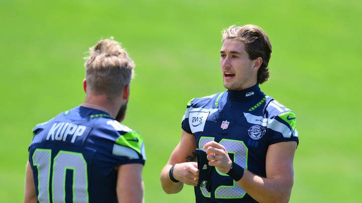 Seattle Seahawks wide receiver Jake Bobo (19) talks to wide receiver Cooper Kupp (10) during minicamp at Virginia Mason Athletic Center.