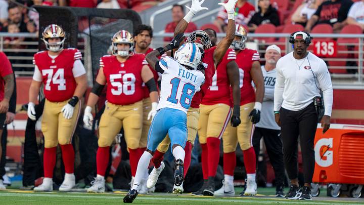 August 13, 2026; Santa Clara, California, USA; San Francisco 49ers wide receiver De'zhaun Stribling (15) catches the football against Tennessee Titans cornerback Cor'dale Flott (18) during the second quarter at Levi's Stadium. August 13, 2026; Santa Clara, California, USA; San Francisco 49ers wide receiver De'zhaun Stribling (15) catches the football against Tennessee Titans cornerback Cor'dale Flott (18) during the second quarter at Levi's Stadium.