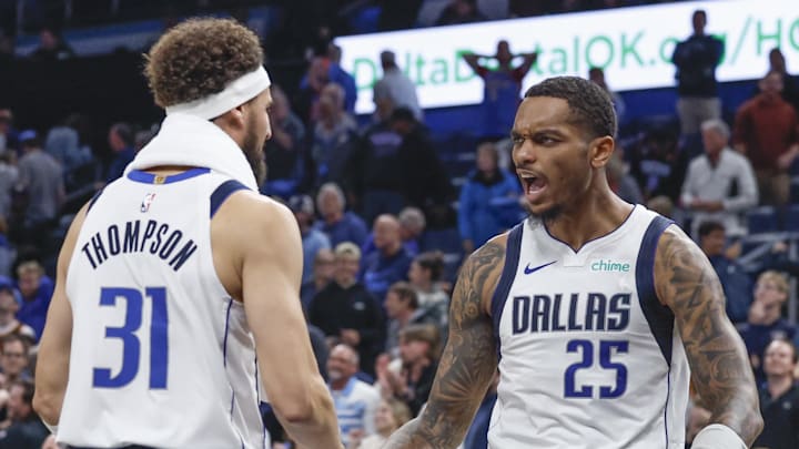 Nov 17, 2024; Oklahoma City, Oklahoma, USA; Dallas Mavericks forward P.J. Washington (25) and Dallas Mavericks guard Klay Thompson (31) celebrate after defeating the Oklahoma City Thunder at Paycom Center. Mandatory Credit: Alonzo Adams-Imagn Images Nov 17, 2024; Oklahoma City, Oklahoma, USA; Dallas Mavericks forward P.J. Washington (25) and Dallas Mavericks guard Klay Thompson (31) celebrate after defeating the Oklahoma City Thunder at Paycom Center. Mandatory Credit: Alonzo Adams-Imagn Images