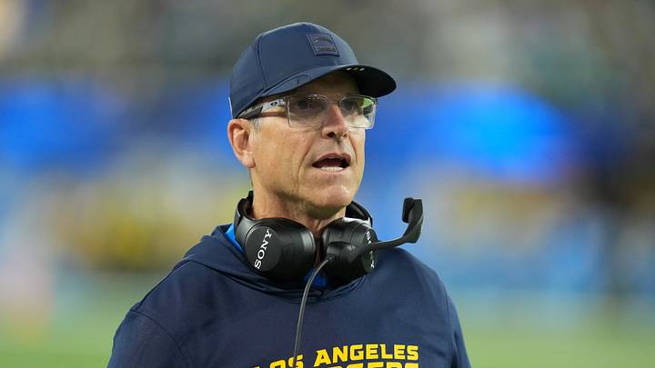 Dec 8, 2025; Inglewood, California, USA;  Los Angeles Chargers head coach Jim Harbaugh reacts in the first half against the Philadelphia Eagles at SoFi Stadium. Mandatory Credit: Kirby Lee-Imagn Images