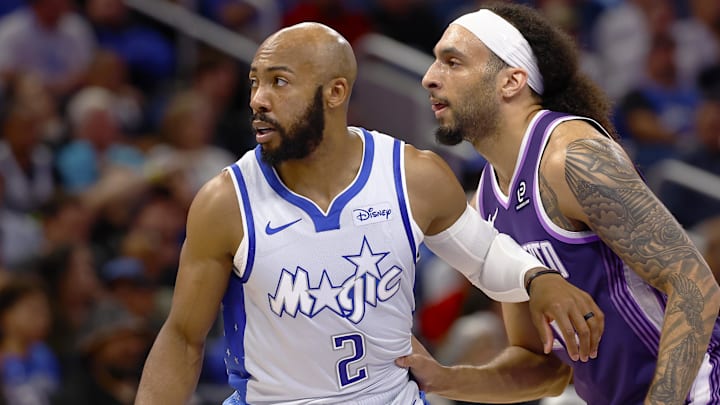 Mar 26, 2026; Orlando, Florida, USA;  Orlando Magic guard Jevon Carter (2) and Sacramento Kings guard Devin Carter (22) wait for the inbound pass in the first half at Kia Center. Mandatory Credit: Russell Lansford-Imagn Images