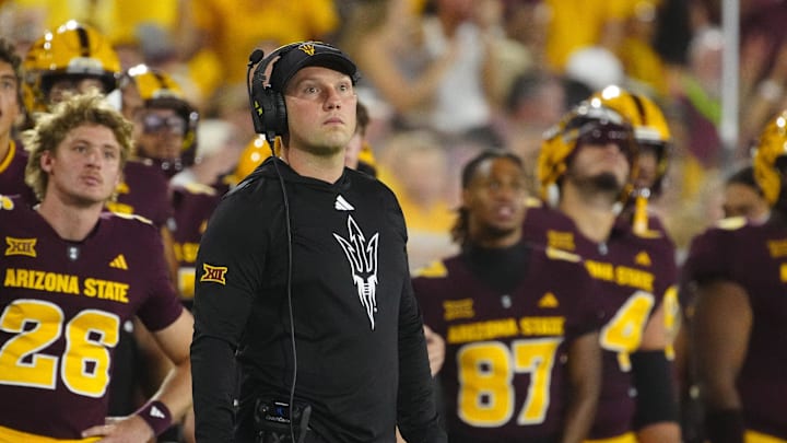 Arizona State head coach Kenny Dillingham looks up at the scoreboard during a game against NAU at Mountain America Stadium in Tempe on Aug. 30, 2025.