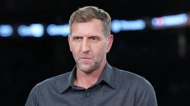 Dec 13, 2025; Las Vegas, Nevada, USA; NBA on Amazon studio analyst Dirk Nowitzki during the NBA Cup semifinals at T-Mobile Arena. Mandatory Credit: Kirby Lee-Imagn Images Dec 13, 2025; Las Vegas, Nevada, USA; NBA on Amazon studio analyst Dirk Nowitzki during the NBA Cup semifinals at T-Mobile Arena. Mandatory Credit: Kirby Lee-Imagn Images