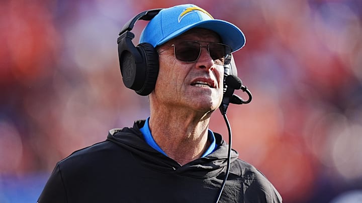 Oct 13, 2024; Denver, Colorado, USA; Los Angeles Chargers head coach Jim Harbaugh during the second half against the Denver Broncos at Empower Field at Mile High. Mandatory Credit: Ron Chenoy-Imagn Images
