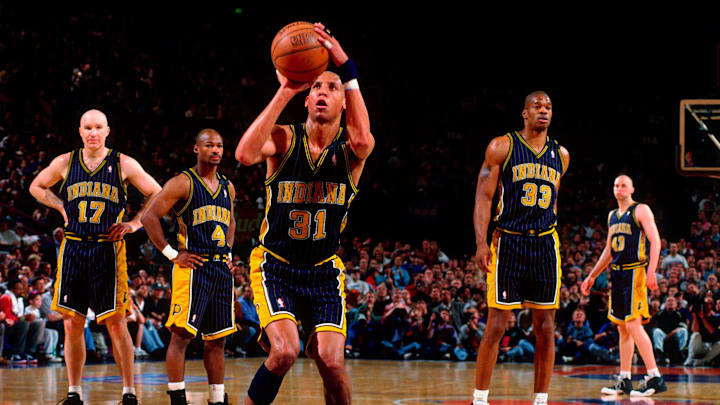 Indiana Pacers guard Reggie Miller (31) shooting a free throw against the New York Knicks on Christmas Day in 1999. Indiana Pacers guard Reggie Miller (31) shooting a free throw against the New York Knicks on Christmas Day in 1999.