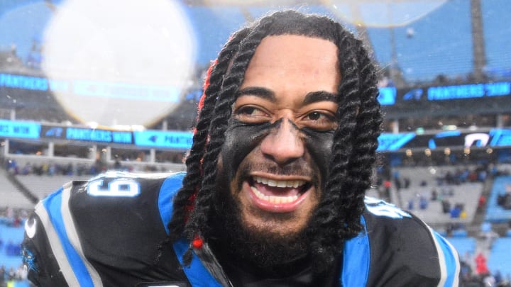 Dec 17, 2023; Charlotte, North Carolina, USA; Carolina Panthers linebacker Frankie Luvu (49) after the game at Bank of America Stadium. Mandatory Credit: Bob Donnan-USA TODAY Sports Dec 17, 2023; Charlotte, North Carolina, USA; Carolina Panthers linebacker Frankie Luvu (49) after the game at Bank of America Stadium. Mandatory Credit: Bob Donnan-USA TODAY Sports