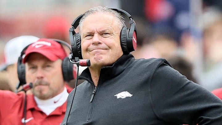 Arkansas Razorbacks coach Sam Pittman during the fourth quarter against the Ole Miss Rebels at Razorback Stadium. Mississippi won 63-31. Nelson Chenault-Imagn Images