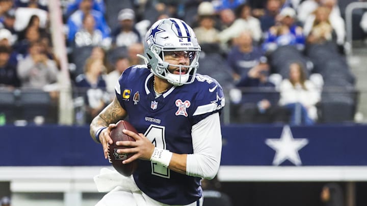 Dallas Cowboys quarterback Dak Prescott looks to pass against the Los Angeles Chargers at AT&T Stadium. 