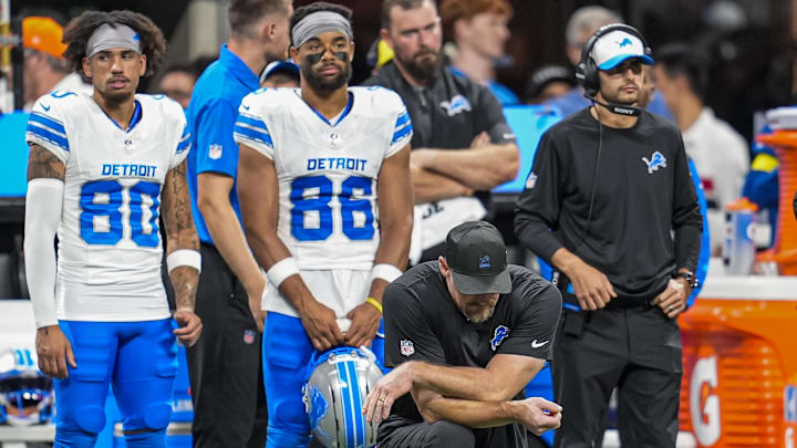 Detroit Lions head coach Dan Campbell reacts on the field after an injury to safety Morice Norris (26)