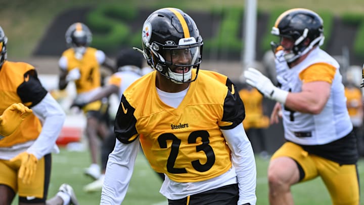 Jul 25, 2025; Pittsburgh, PA, USA; Pittsburgh Steelers cornerback Darius Slay (23) participates in drills during training camp at Saint Vincent College. Mandatory Credit: Barry Reeger-Imagn Images