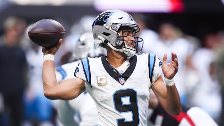 Nov 16, 2025; Atlanta, Georgia, USA;  Carolina Panthers quarterback Bryce Young (9) looks to pass in the first quarter against the Atlanta Falcons at Mercedes-Benz Stadium.