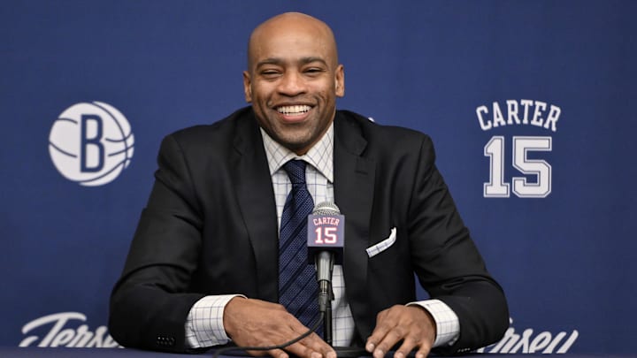 Jan 25, 2025; Brooklyn, New York, USA; Former NBA star Vince Carter speaks at a jersey retirement press conference before a game between the Brooklyn Nets and the Miami Heat at Barclays Center. Mandatory Credit: John Jones-Imagn Images Jan 25, 2025; Brooklyn, New York, USA; Former NBA star Vince Carter speaks at a jersey retirement press conference before a game between the Brooklyn Nets and the Miami Heat at Barclays Center. Mandatory Credit: John Jones-Imagn Images