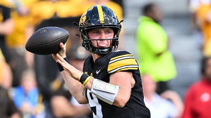 Sep 5, 2026; Iowa City, Iowa, USA; Iowa Hawkeyes quarterback Hank Brown (9) throws a pass against the Northern Illinois Huskies during the first quarter at Kinnick Stadium. Mandatory Credit: Jeffrey Becker-Imagn Images Sep 5, 2026; Iowa City, Iowa, USA; Iowa Hawkeyes quarterback Hank Brown (9) throws a pass against the Northern Illinois Huskies during the first quarter at Kinnick Stadium. Mandatory Credit: Jeffrey Becker-Imagn Images