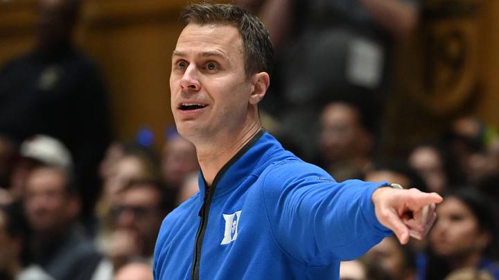 Duke basketball head coach Jon Scheyer in Cameron Indoor Stadium. Mandatory Credit: Rob Kinnan-USA TODAY Sports Duke basketball head coach Jon Scheyer in Cameron Indoor Stadium. Mandatory Credit: Rob Kinnan-USA TODAY Sports