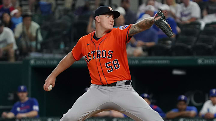 May 15, 2025; Arlington, Texas, USA; Houston Astros pitcher Hunter Brown (58) throws to the plate during the first inning against the Texas Rangers at Globe Life Field. 