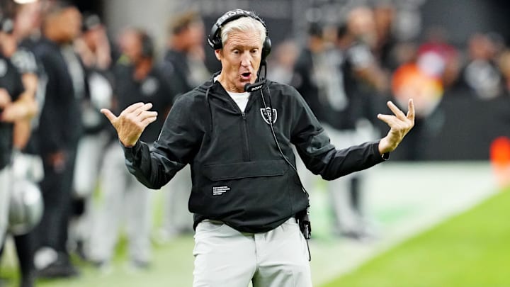 Oct 12, 2025; Paradise, Nevada, USA; Las Vegas Raiders head coach Pete Carroll reacts on the sidelines during the second half against the Tennessee Titans at Allegiant Stadium. Mandatory Credit: Stephen R. Sylvanie-Imagn Images