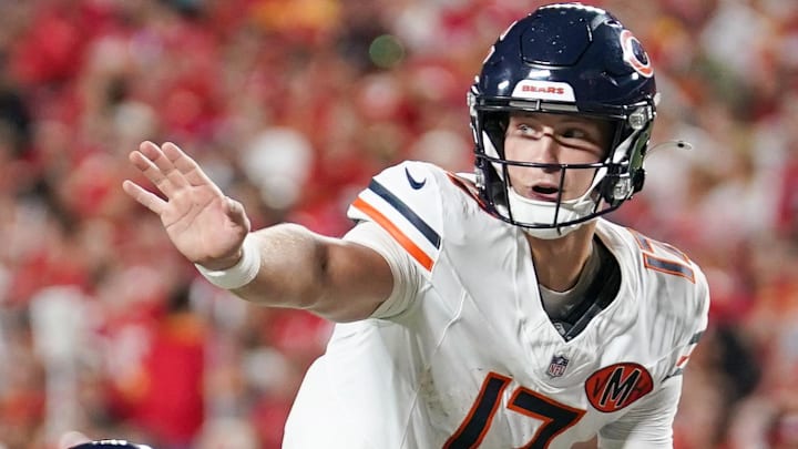 Aug 22, 2025; Kansas City, Missouri, USA; Chicago Bears quarterback Tyson Bagent (17) gestures at the line of scrimmage against the Kansas City Chiefs during the second half of the game at GEHA Field at Arrowhead Stadium.