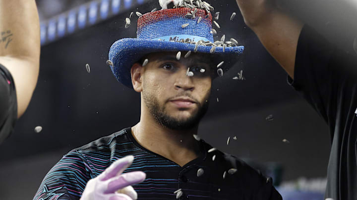 Aug 2, 2025; Miami, Florida, USA; Miami Marlins catcher Agustin Ramirez (50) is showered with sunflower seeds in the dugout after hitting a home run against the New York Yankees during the first inning at loanDepot Park. Mandatory Credit: Rhona Wise-Imagn Images Aug 2, 2025; Miami, Florida, USA; Miami Marlins catcher Agustin Ramirez (50) is showered with sunflower seeds in the dugout after hitting a home run against the New York Yankees during the first inning at loanDepot Park. Mandatory Credit: Rhona Wise-Imagn Images
