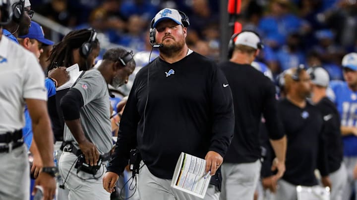 Detroit Lions offensive line coach Hank Fraley watches action from sideline against the Buffalo Bills during the first half of the preseason game at Ford Field in Detroit on Friday, Aug. 13, 2021.