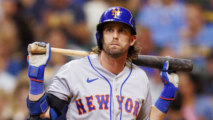 Sep 20, 2022; Milwaukee, Wisconsin, USA;  New York Mets right fielder Jeff McNeil (1) reacts after striking out during the sixth inning against the Milwaukee Brewers at American Family Field. Mandatory Credit: Jeff Hanisch-Imagn Images