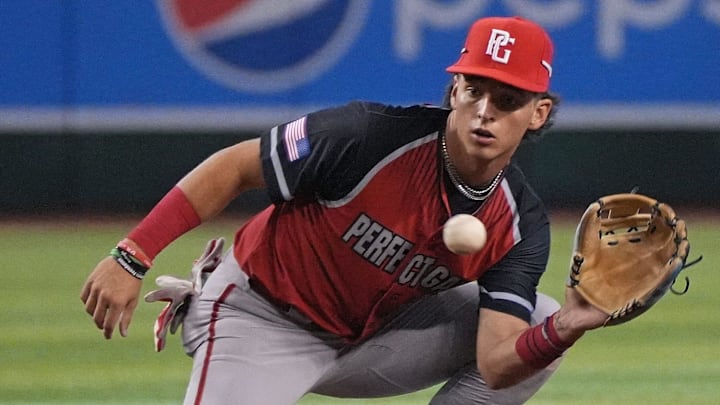 West Squad's Roch Cholowsky, of Hamilton High School in Chandler, catches a ball at second base mid-inning during the Perfect Game All-American Classic at Chase Field on Sunday, Aug. 28, 2022.

Uscp 7mie98j253cy1fd11rk2 Original