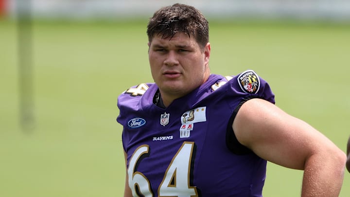 Jun 10, 2025; Baltimore, MD, USA; Baltimore Ravens center Tyler Linderbaum (64) looks on during an NFL OTA at Under Armour Performance Center. Mandatory Credit: Daniel Kucin Jr.-Imagn Images