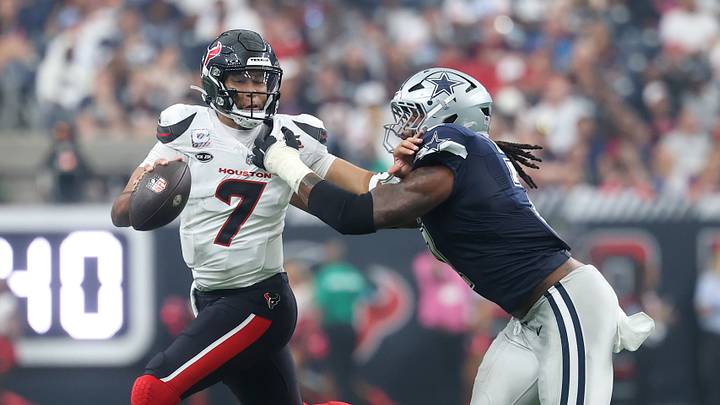 Oct 4, 2026; Houston, Texas, USA; Houston Texans quarterback C.J. Stroud (7) is pressured by. Dallas Cowboys linebacker Rashan Gary (7) during the first half at Reliant Stadium. Mandatory Credit: Troy Taormina-Imagn Images Oct 4, 2026; Houston, Texas, USA; Houston Texans quarterback C.J. Stroud (7) is pressured by. Dallas Cowboys linebacker Rashan Gary (7) during the first half at Reliant Stadium. Mandatory Credit: Troy Taormina-Imagn Images