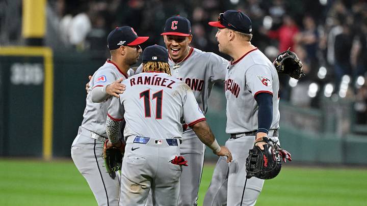 Oct 7, 2026; Chicago, Illinois, USA;  Cleveland Guardians shortstop Brayan Rocchio (4) and third baseman Jose Ramirez (11) and second baseman Angel Genao (17) and first baseman Nathaniel Lowe (46) celebrate after the Guardians beat the Chicago White Sox in game three of the ALDS for the 2026 MLB Playoffs at Rate Field.  Mandatory Credit: Matt Marton-Imagn Images