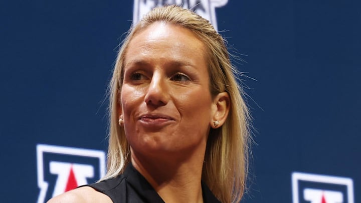 Oct 21, 2025; Kansas City, MO, USA; Arizona head coach Becky Burke speaks to media during Big 12 Womenís Basketball Media Day at T-Mobile Center. Mandatory Credit: Sophia Scheller-Imagn Images