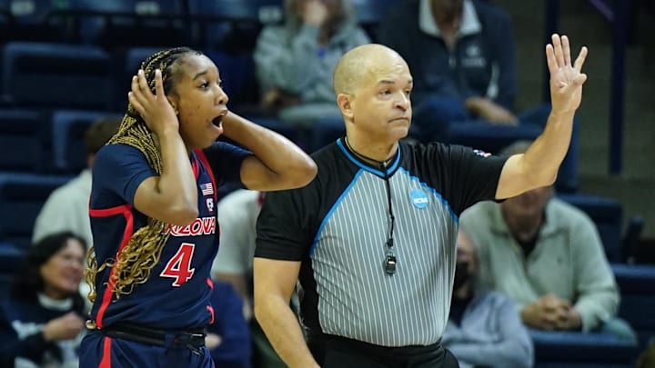 Mar 23, 2024; Storrs, Connecticut, USA; Arizona Wildcats guard Skylar Jones (4) called for a foul against the Syracuse Orange in the second half at Harry A. Gampel Pavilion. Mandatory Credit: David Butler II-Imagn Images