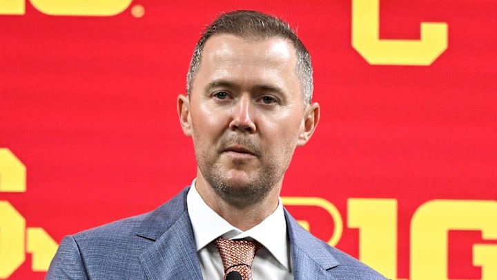 Jul 24, 2024; Indianapolis, IN, USA;  USC Trojans head coach Lincoln Riley speaks to the media during the Big 10 football media day at Lucas Oil Stadium. Mandatory Credit: Robert Goddin-Imagn Images