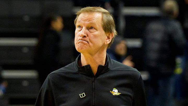 Oregon head coach Dana Altman looks toward the scoreboard as he walks off the court as the Oregon Ducks host the Minnesota Golden Gophers on Feb. 17, 2026, at Matthew Knight Arena in Eugene, Oregon. Oregon head coach Dana Altman looks toward the scoreboard as he walks off the court as the Oregon Ducks host the Minnesota Golden Gophers on Feb. 17, 2026, at Matthew Knight Arena in Eugene, Oregon.