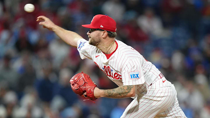 Apr 19, 2026; Philadelphia, Pennsylvania, USA; Philadelphia Phillies relief pitcher Chase Shugart (55) throws a pitch against the Atlanta Braves in the sixth inning at Citizens Bank Park.