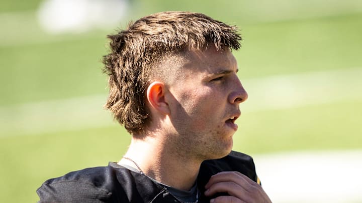 Apr 26, 2025; Iowa City, IA, USA; Iowa’s Rhys Dakin (9) looks on during a spring NCAA football open practice at Kinnick Stadium. Mandatory Credit: Joseph Cress/For the Register