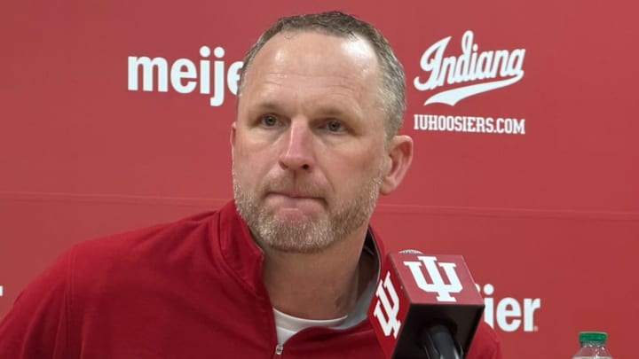 Indiana basketball coach Darian DeVries speaks to reporters Feb. 7, 2026, after beating Wisconsin at Simon Skjodt Assembly Hall in Bloomington.