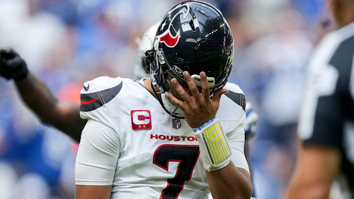 Houston Texans quarterback C.J. Stroud (7) reacts after a false start call Sunday, Sept. 8, 2024, during a game against the Indianapolis Colts at Lucas Oil Stadium in Indianapolis.