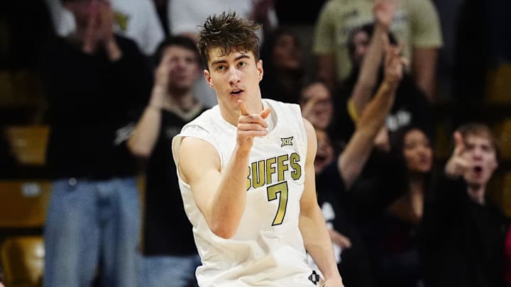 Feb 7, 2026; Boulder, Colorado, USA; Colorado Buffaloes forward Sebastian Rancik (7) reacts in the first half against the Arizona State Sun Devils at the CU Events Center. Mandatory Credit: Ron Chenoy-Imagn Images