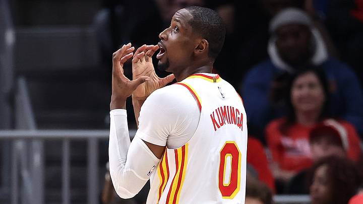 ATLANTA, GEORGIA - APRIL 25: Jonathan Kuminga #0 of the Atlanta Hawks reacts. (Photo by Kevin C. Cox/Getty Images) ATLANTA, GEORGIA - APRIL 25: Jonathan Kuminga #0 of the Atlanta Hawks reacts. (Photo by Kevin C. Cox/Getty Images)