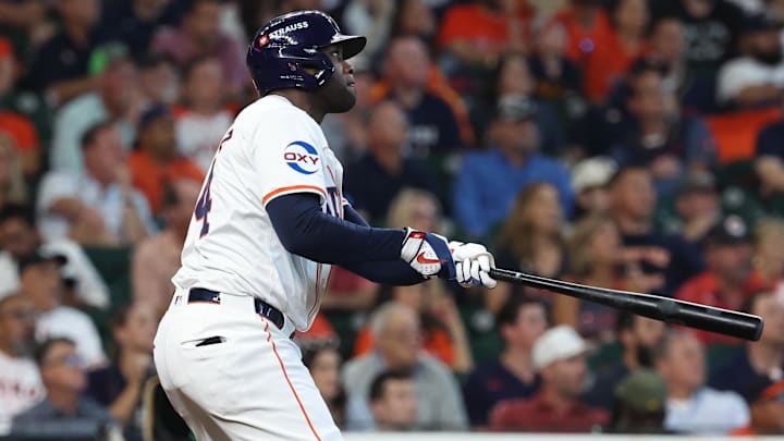 Oct 1, 2024; Houston, Texas, USA; Houston Astros outfielder Yordan Alvarez (44) hits a double in the ninth inning against the Detroit Tigers in game one of the Wild Card round for the 2024 MLB Playoffs at Minute Maid Park