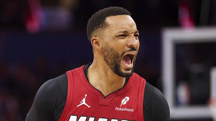 Dec 5, 2025; Orlando, Florida, USA; Miami Heat guard Norman Powell (24) reacts after a basket against the Orlando Magic in the second quarter at Kia Center. Mandatory Credit: Nathan Ray Seebeck-Imagn Images