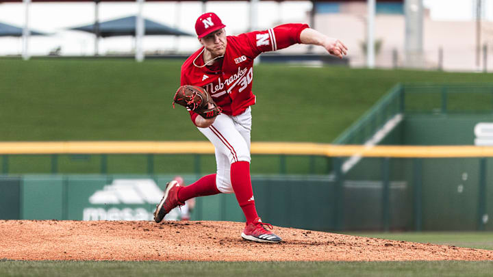 Nebraska pitcher Will Walsh threw seven scoreless innings against San Diego State in the MLB Desert Invitational on Feb. 16, 2025.