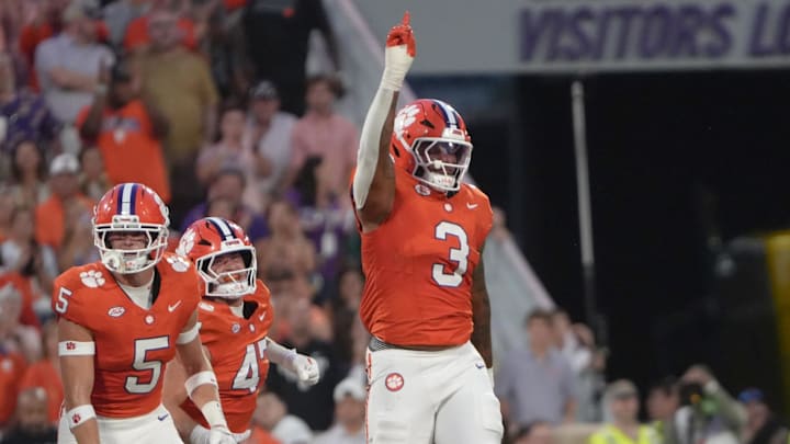 Clemson defensive end T.J. Parker (3) celebrates a tackle against Louisiana State University during the first quarter at Memorial Stadium in Clemson, S.C. Saturday, August 30, 2025.