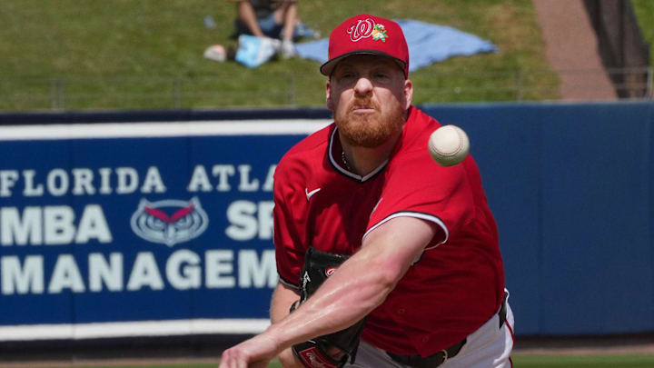 Feb 21, 2026; West Palm Beach, Florida, USA; Washington Nationals pitcher Richard Lovelady (55) warms-up between inning during the game against the Houston Astros at CACTI Park of the Palm Beaches. Mandatory Credit: Jim Rassol-Imagn Images Feb 21, 2026; West Palm Beach, Florida, USA; Washington Nationals pitcher Richard Lovelady (55) warms-up between inning during the game against the Houston Astros at CACTI Park of the Palm Beaches. Mandatory Credit: Jim Rassol-Imagn Images