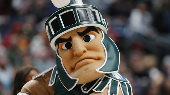 Mar 17, 2023; Columbus, OH, USA; Michigan State Spartans mascot Sparty in the first half against against the USC Trojans at Nationwide Arena. Mandatory Credit: Joseph Maiorana-Imagn Images