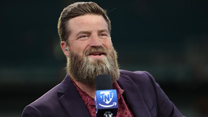 Oct 30, 2025; Miami Gardens, Florida, USA; Amazon Prime analyst Ryan Fitzpatrick speaks during a broadcast prior to a game between the Miami Dolphins and the Baltimore Ravens at Hard Rock Stadium. Mandatory Credit: Nathan Ray Seebeck-Imagn Images